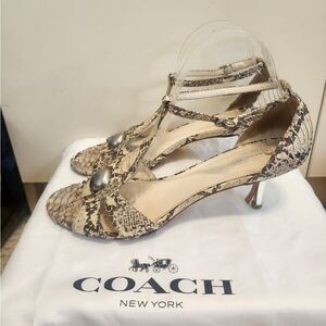 Coach "Hellena" Snakeskin Leather T-Strap Ankle Strap Sandals Sz.10 Ret. $250